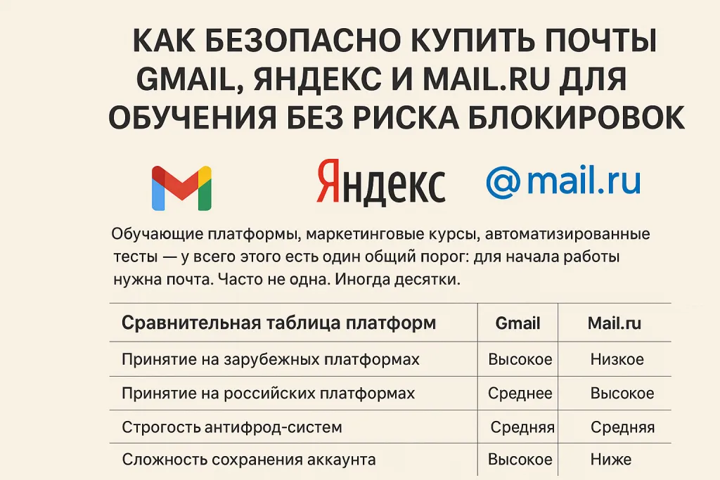 Как безопасно купить почты Gmail, Яндекс и Mail.ru для обучения без риска блокировок